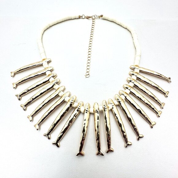 Gold Tone Fish Off White Shell Statement Necklace New Modernist Design - Picture 4 of 4